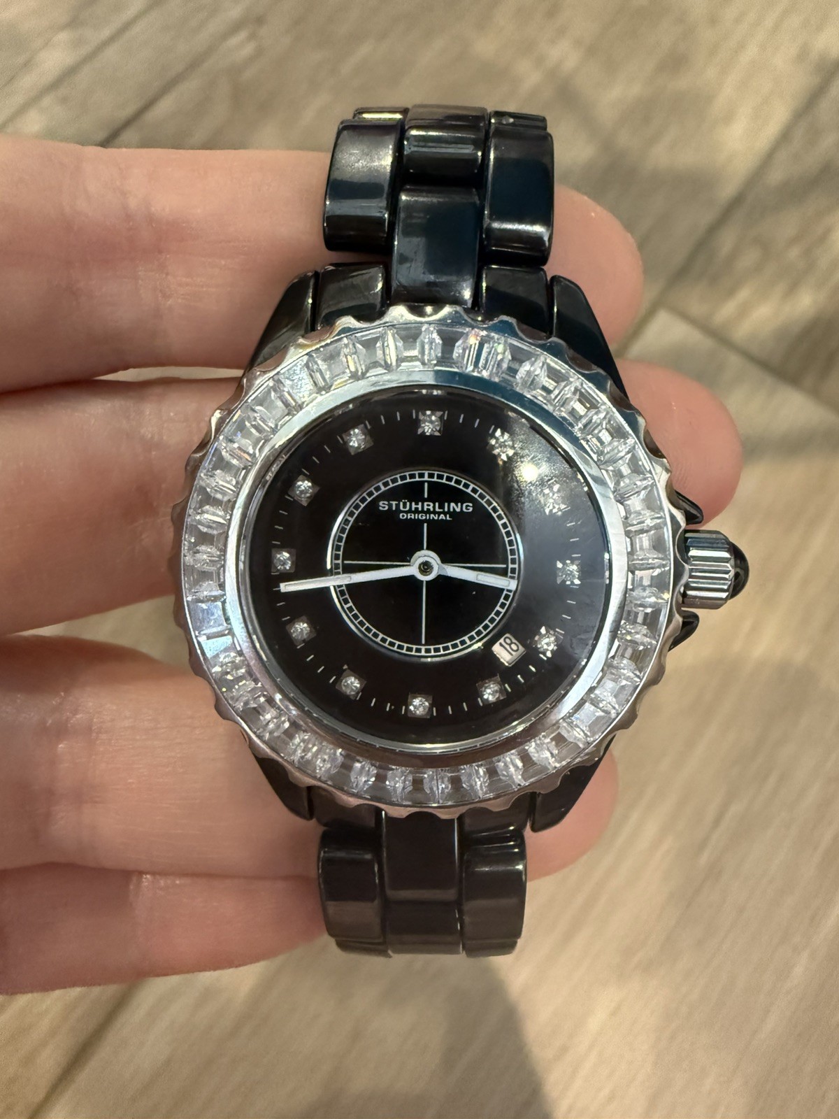 Stuhrling Black Ceramic 34mm Women’s Sapphire Crystal Watch Baguette Bezel 530S2
