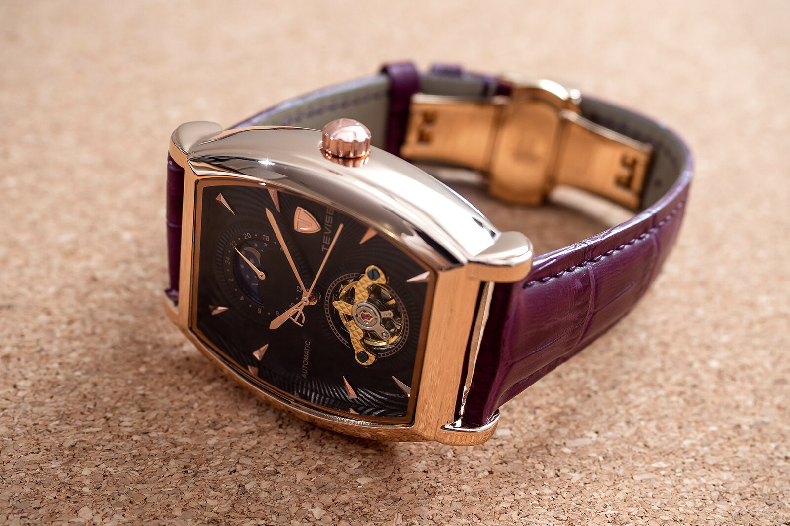 Mens Rose Gold Moon Phase Automatic Mechanical Watch Purple Leather 24HR Dial