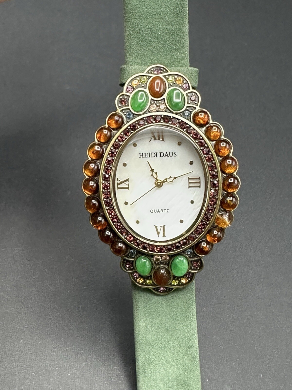 Heidi Daus Mother of Pearl Genuine Leather Watch. EUC. Multi Stone