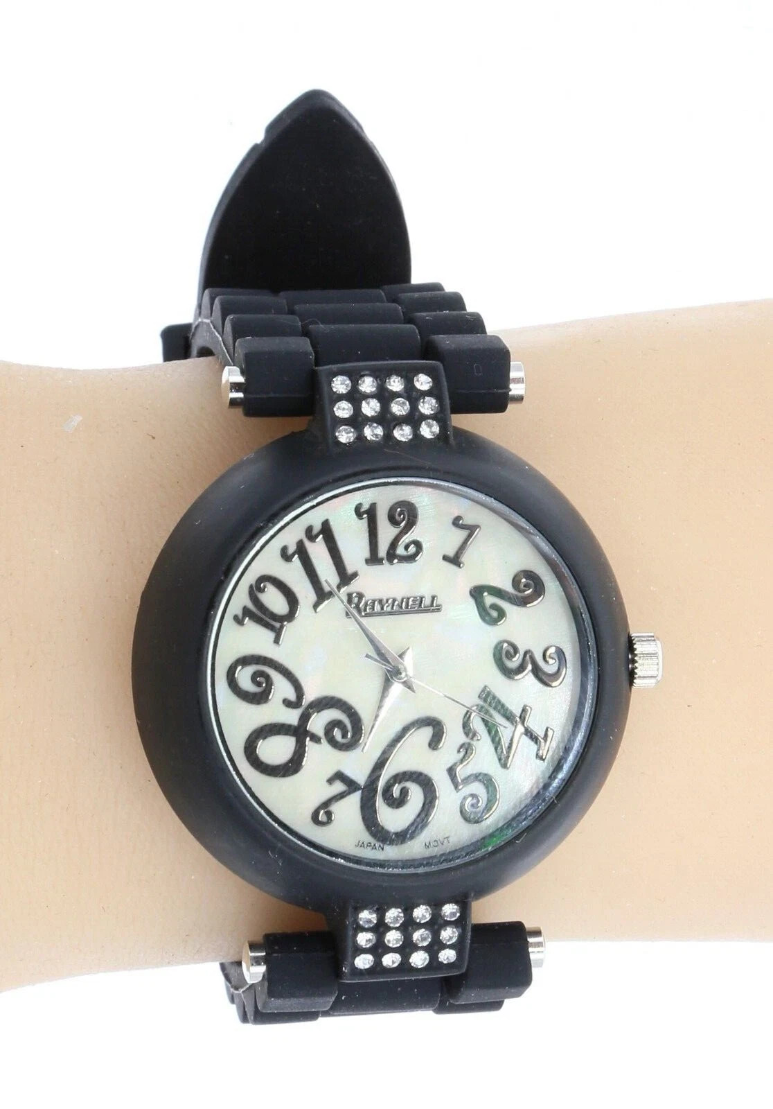 Raynell Qrtz Womens Rhinestones Bezel Black Matte Finish Silicone Band Watch
