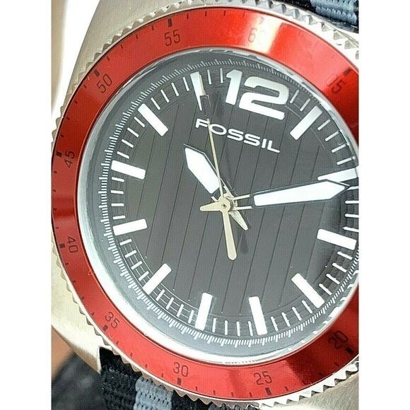 Fossil Men’s Watch WB1042 Quartz Red Bezel 38mm Black Gray Nylon Strap