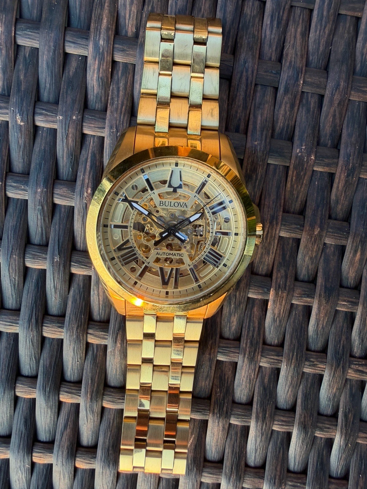 Bulova Sutton 97A162 Automatic Skeleton Gold Tone Men’sWatch 43mm Miyota 21Jewel