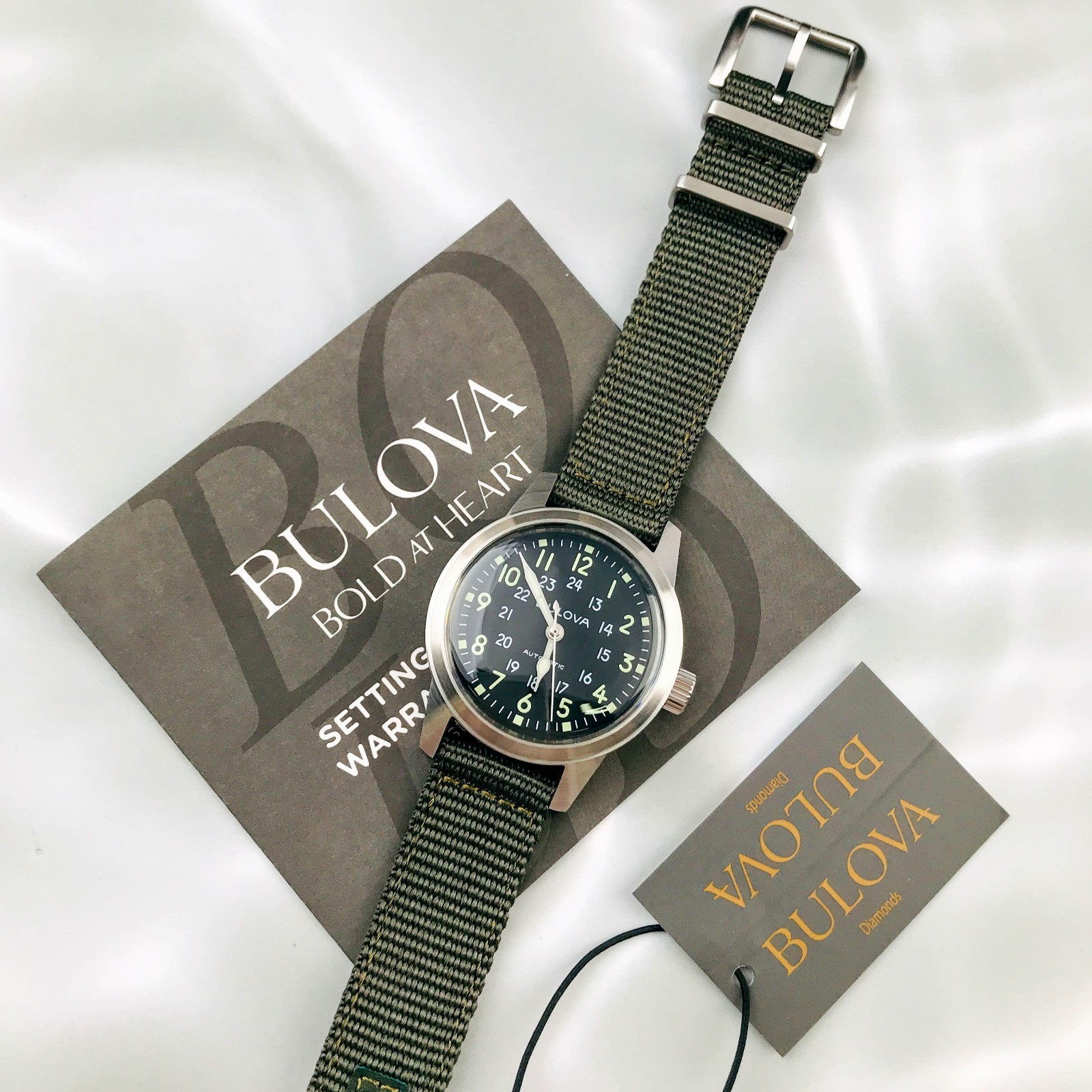 Bulova Special Edition 96A259 Hack Black Dial 38MM Green Fabric Strap Mens Watch