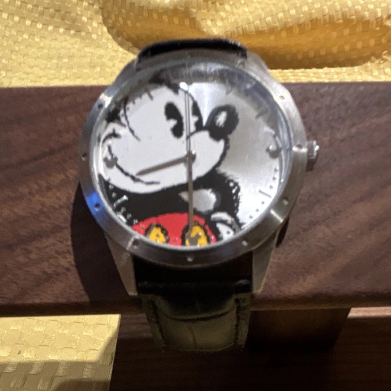 Vintage Mickey Mouse Quartz Wristwatch Black Leather Strap