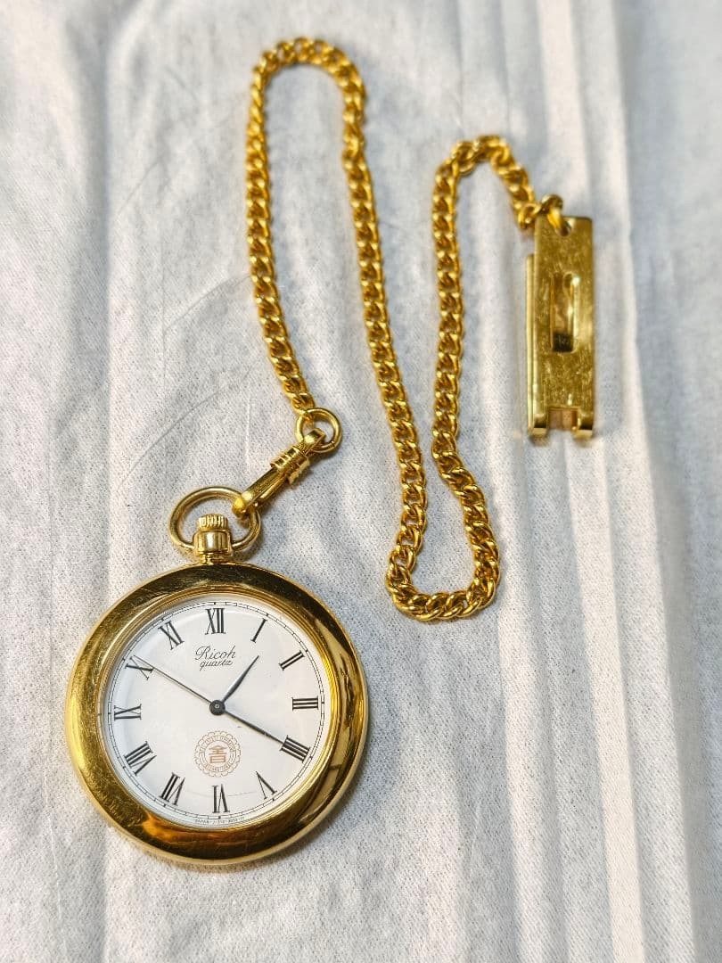 RICOH Gold Pocket Watch Battery Replaced Chain