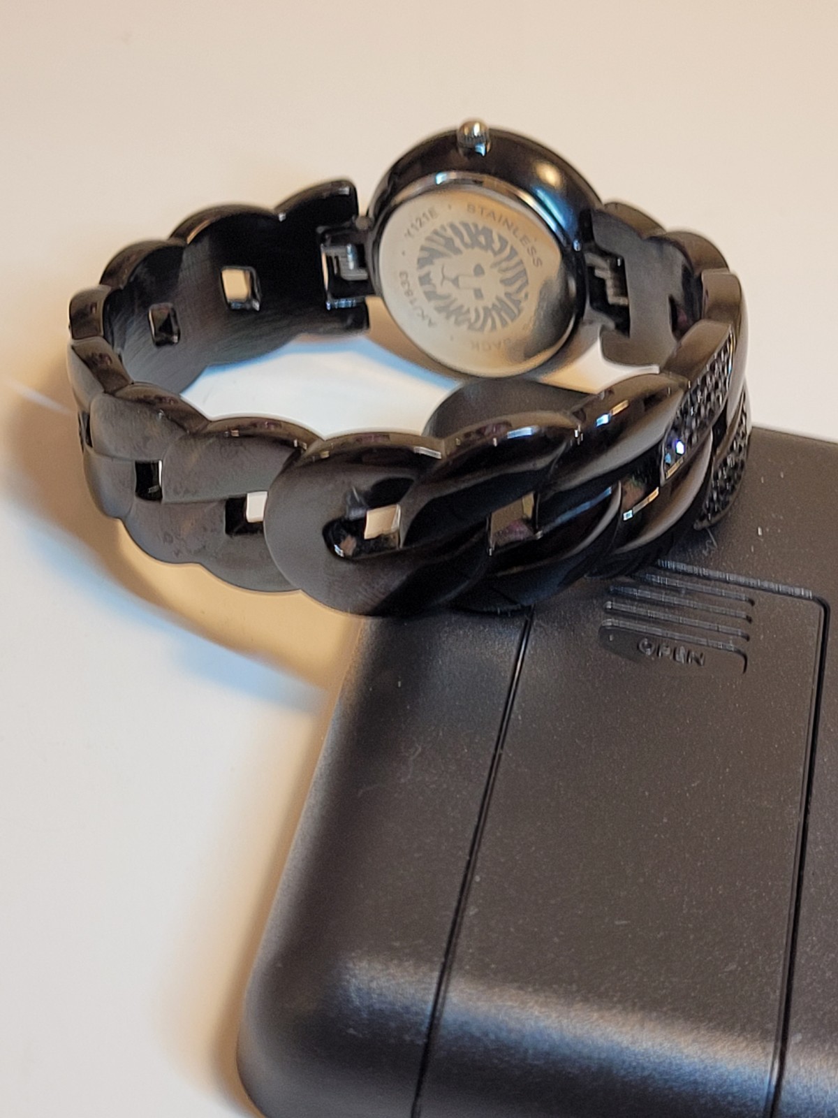 Anne Klein Women’s Black Stainless Bracelet Quartz Analog Watch Gem-Set Bezel