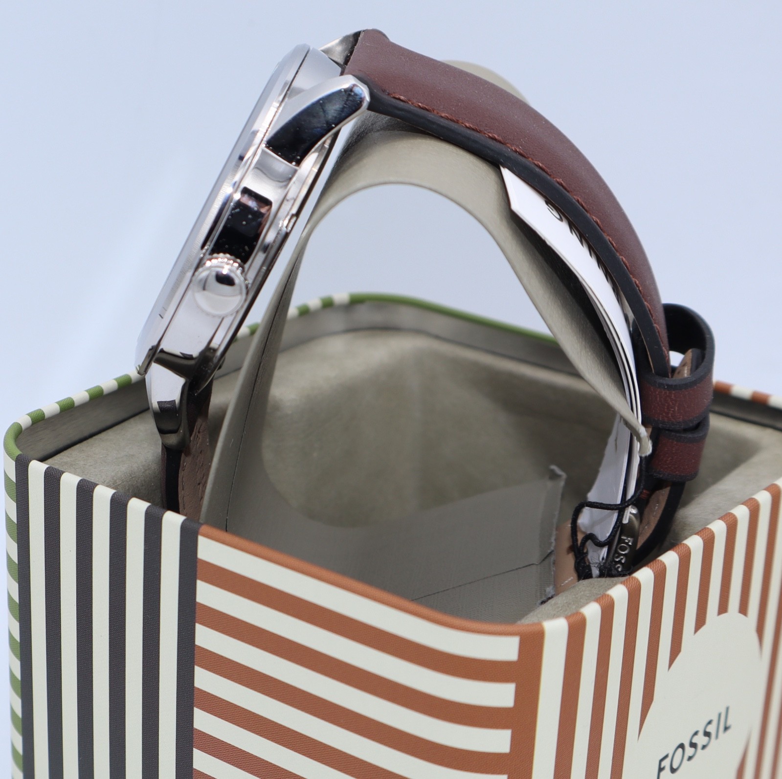 Fossil Flynn Silver Blue Brown Leather Skeleton BQM7128 Mens Watch