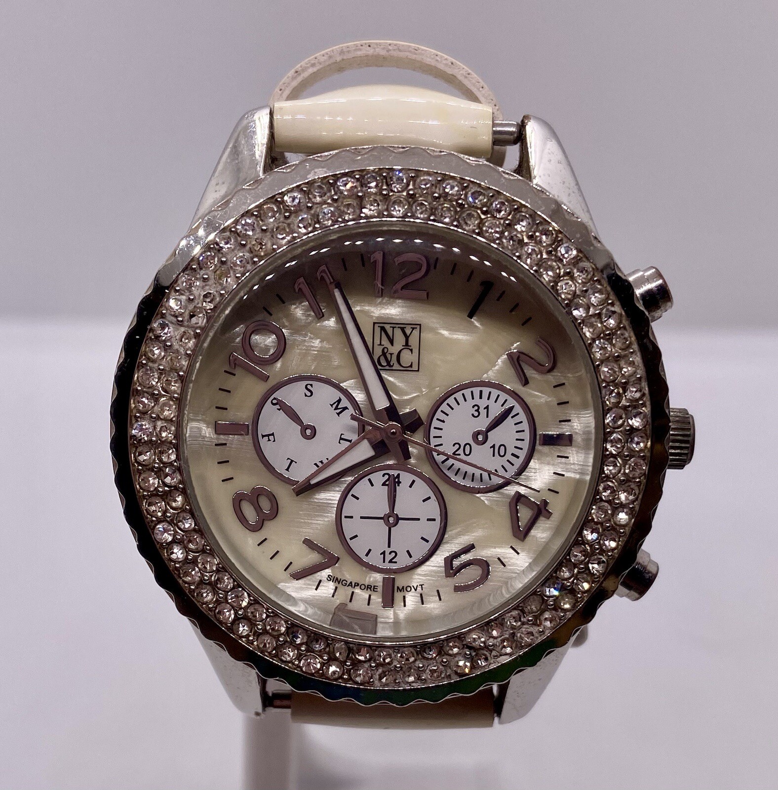 NY&C Ladies Watch Iced Large MOP Dial New Battery Faux Chrono Ivory Leather Band