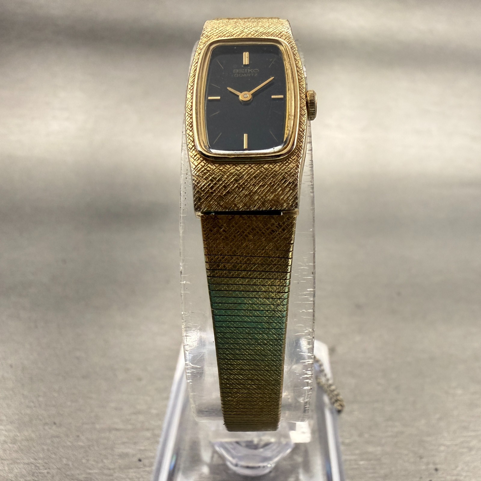 Seiko Watch Women 13mm Black Dial Gold Tone Rectangle 2E20-6139 New Battery VTG