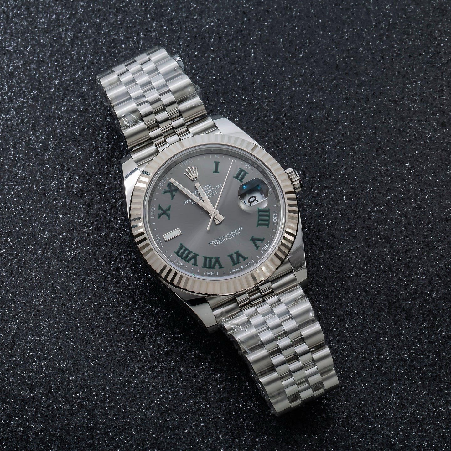 Rolex Datejust 41mm Gray/Green Roman Dial Fluted Bezel Jubilee Date w/ Box