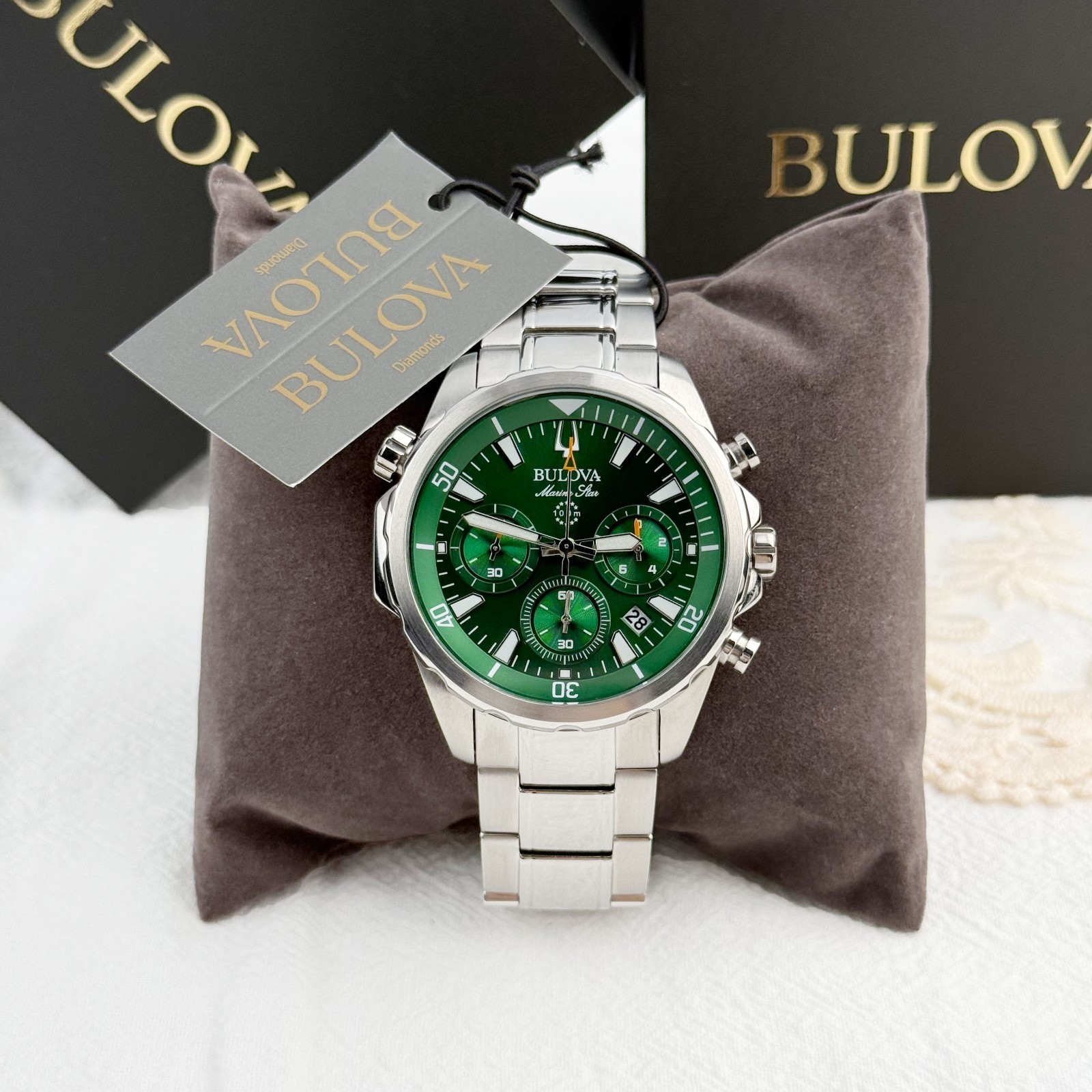 Bulova 96B396 Marine Star Men’s Quartz Watch Green Dial and Stainless Steel 43mm
