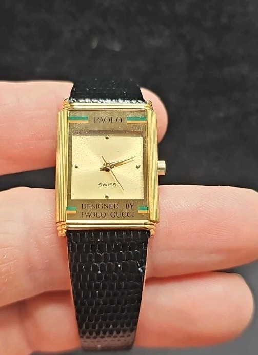 Paolo Gucci Swiss Made Quartz Rectangular Gold Case & Dial Brown Strap