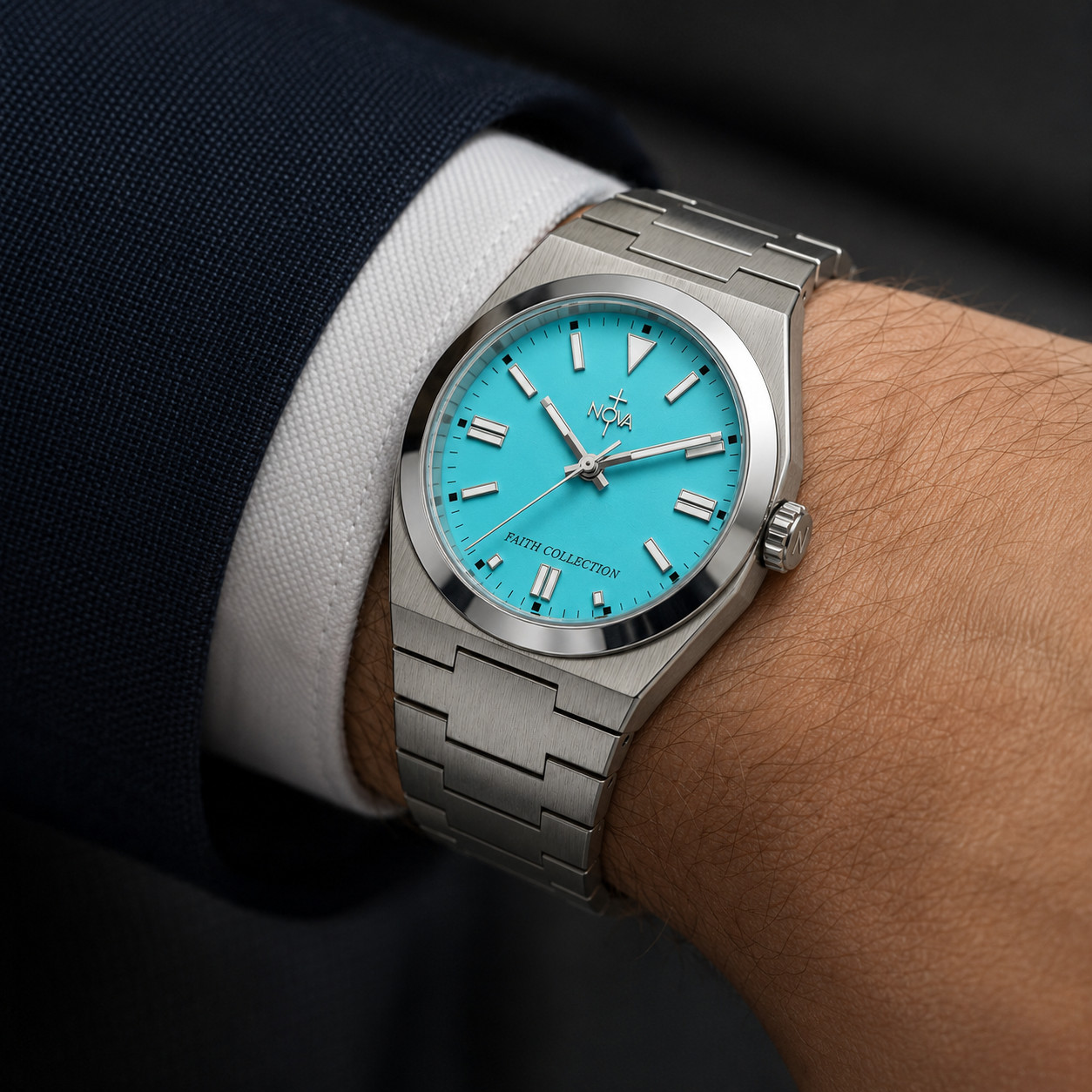 Nova Christian Silver Faith Custom Watch Turquoise Dial 40mm