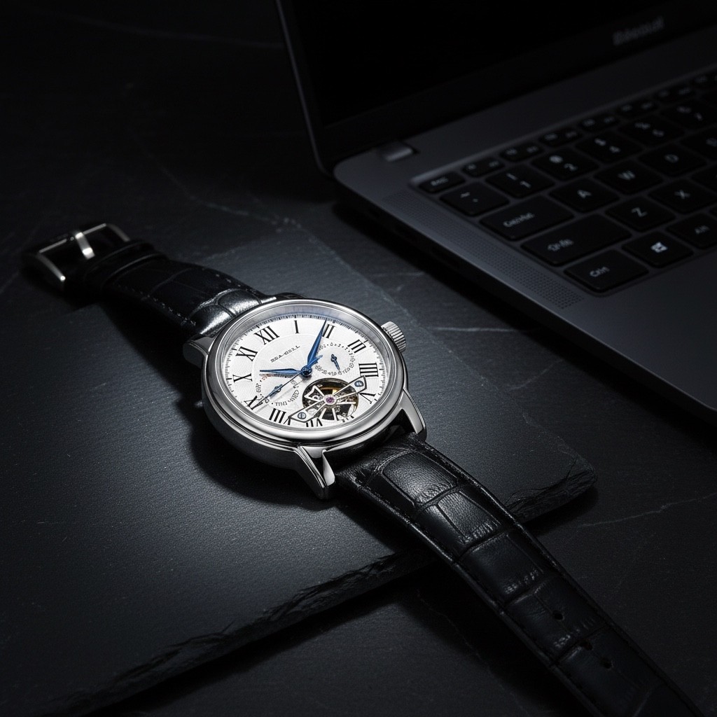 Seagull Automatic Skeleton Watch — Open Heart Mechanical, Leather, Slate & Crown