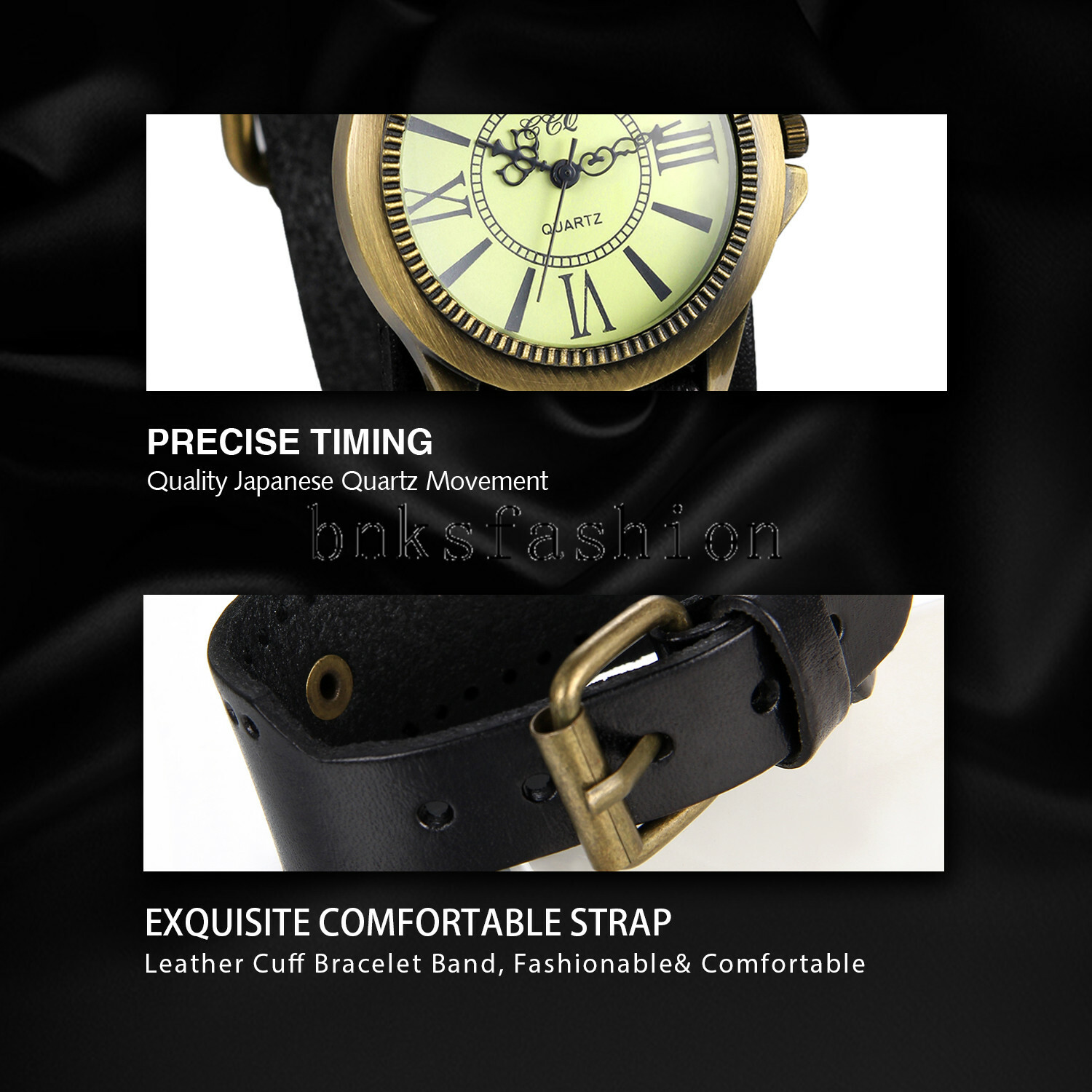 Unisex Vintage Round Dial Leather Strap Cuff Roman Numeral Analog Quartz Watch