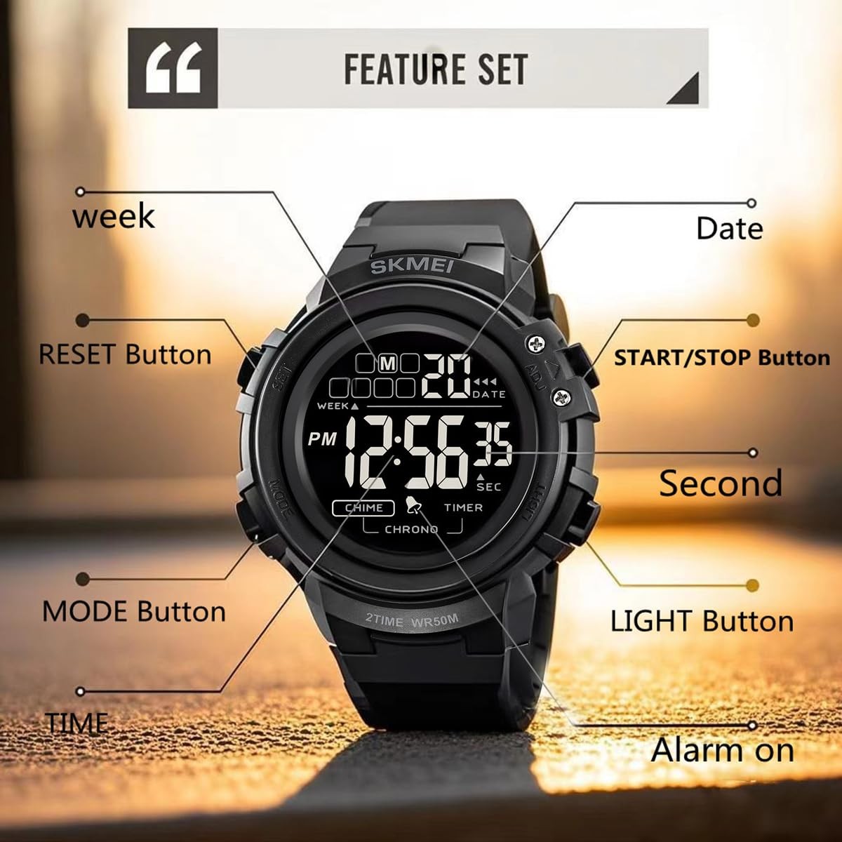 Tactical Sport Digital Watch Shockproof LED Black TPU Strap Waterproof 50M 5ATM