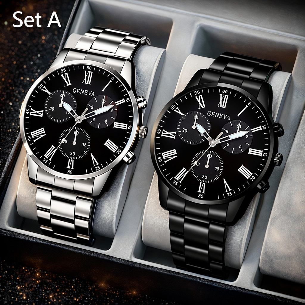 2pcsWaterproof Watch Stainless Steel Quartz Luminous Classic Business Wristwatch
