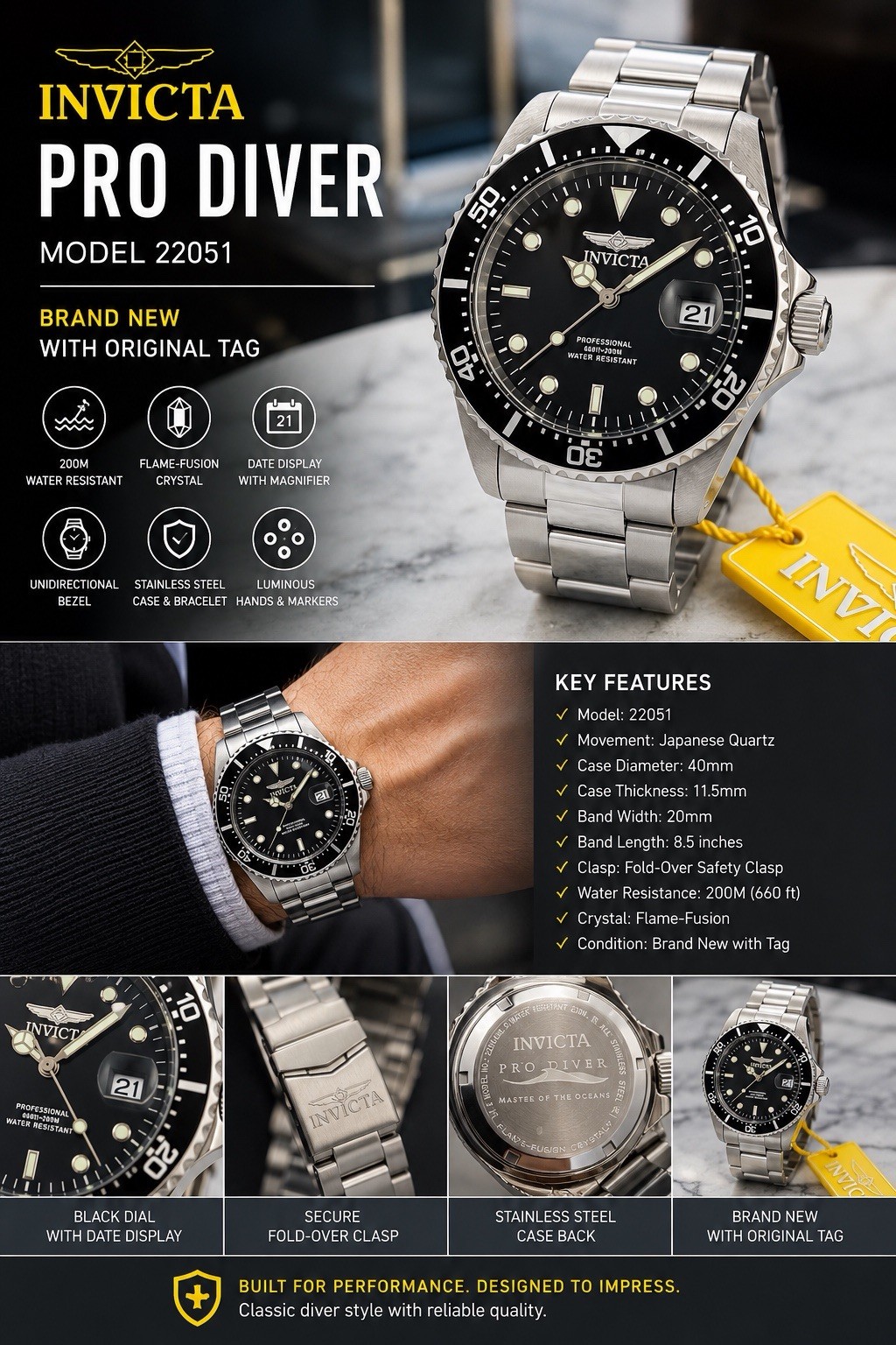 Invicta Pro Diver Men’s Quartz Date Black Dial Steel Bracelet 40mm 200m