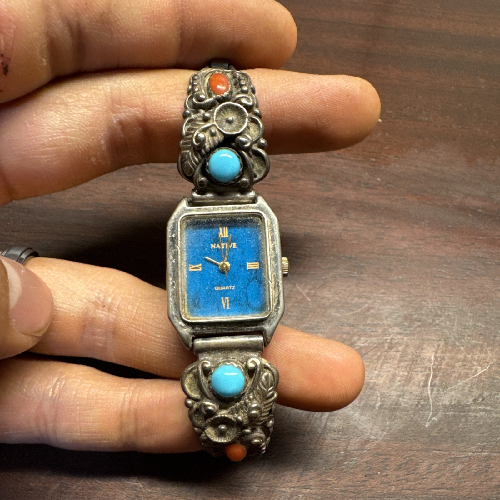 Vintage Lucoral Native American Turquoise Coral Sterling Silver Western Watch, 6