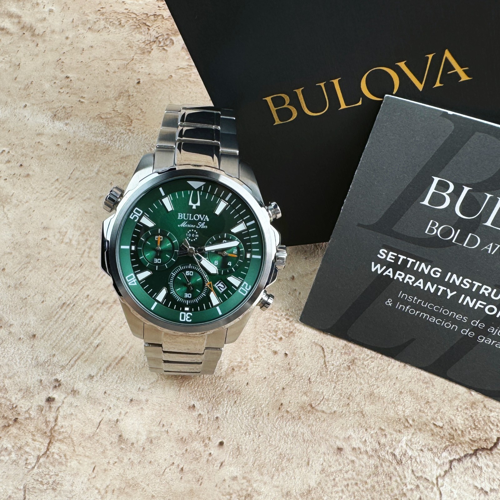 New Bulova Marine Star Classic Green Dial Chronograph Men’s Quartz Watch 96B396