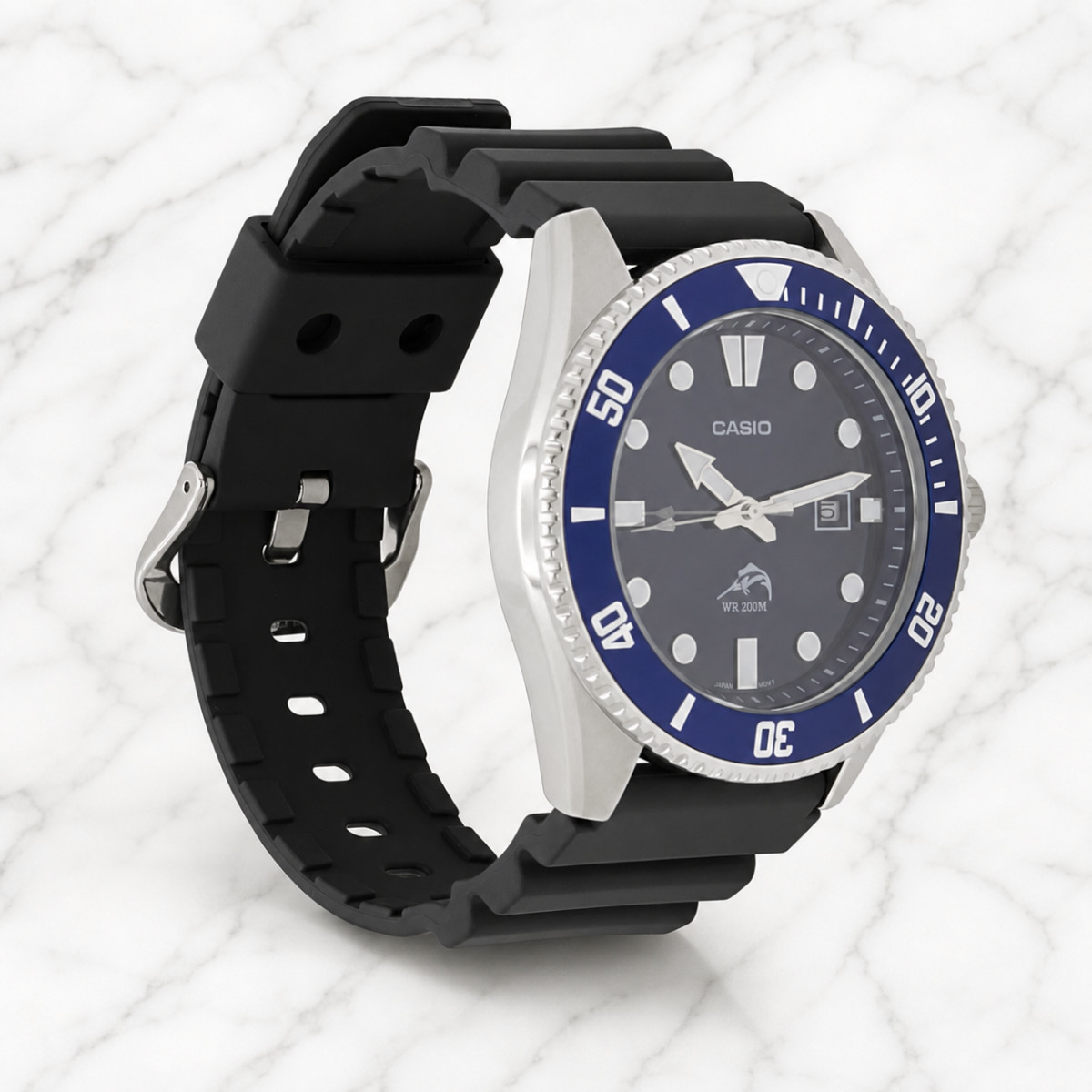 Men’s 200M Waterproof Diver Quartz Watch Black Resin Band Blue Bezel Dial Casio