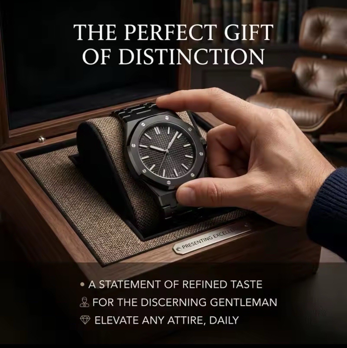 Men’s Analog Wristwatch Black Tapisserie Dial Octagon Bezel Metal Bracelet