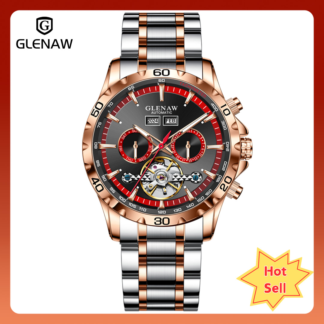 GLENAW Men’s Skeleton Tourbillon Date Mechanical Watch with Luminous