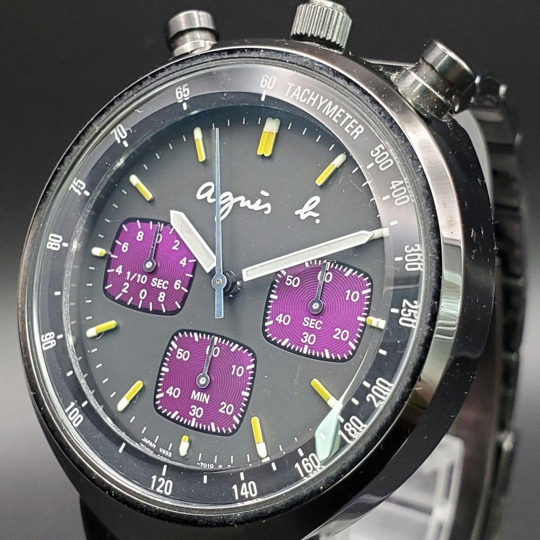 Agnes b V655-7010 Quartz Chronograph Watch 37.8mm Black Case Purple Dial