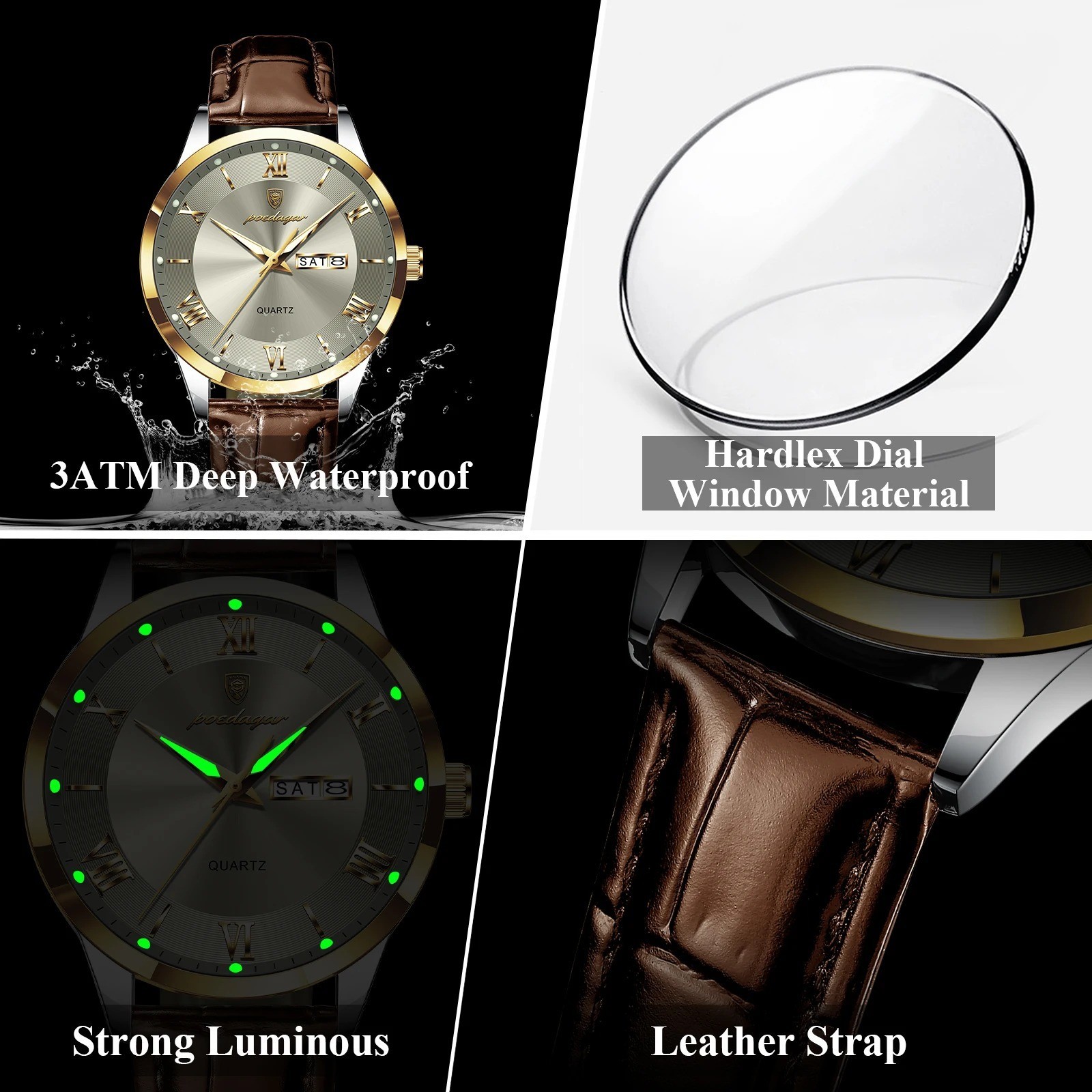 POEDAGAR Luxury Watch Quartz Men’s With Leather Strap Waterproof Wristwatch.