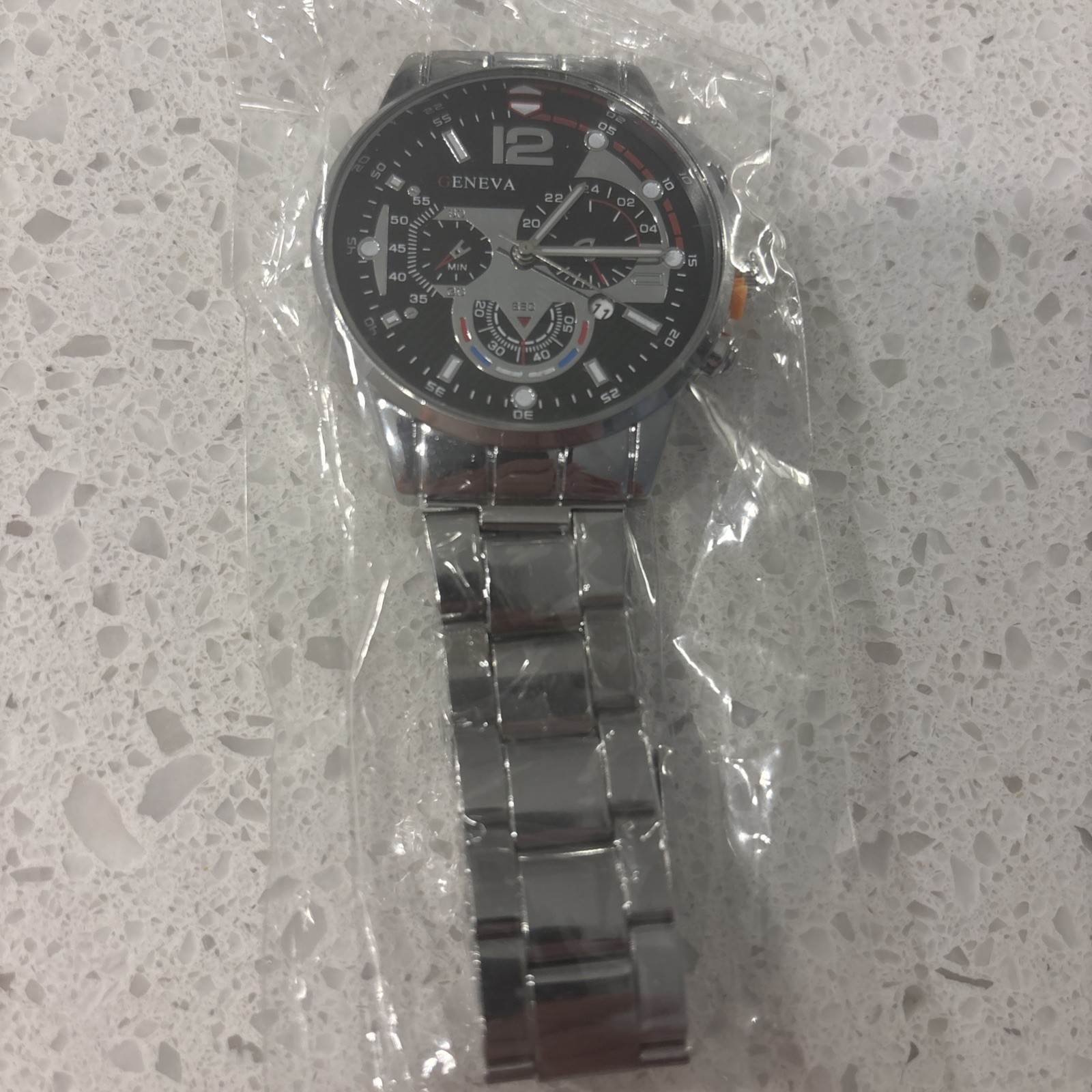 Geneva Men’s Silver Chronograph Wristwatch Metal Band Brown Dial