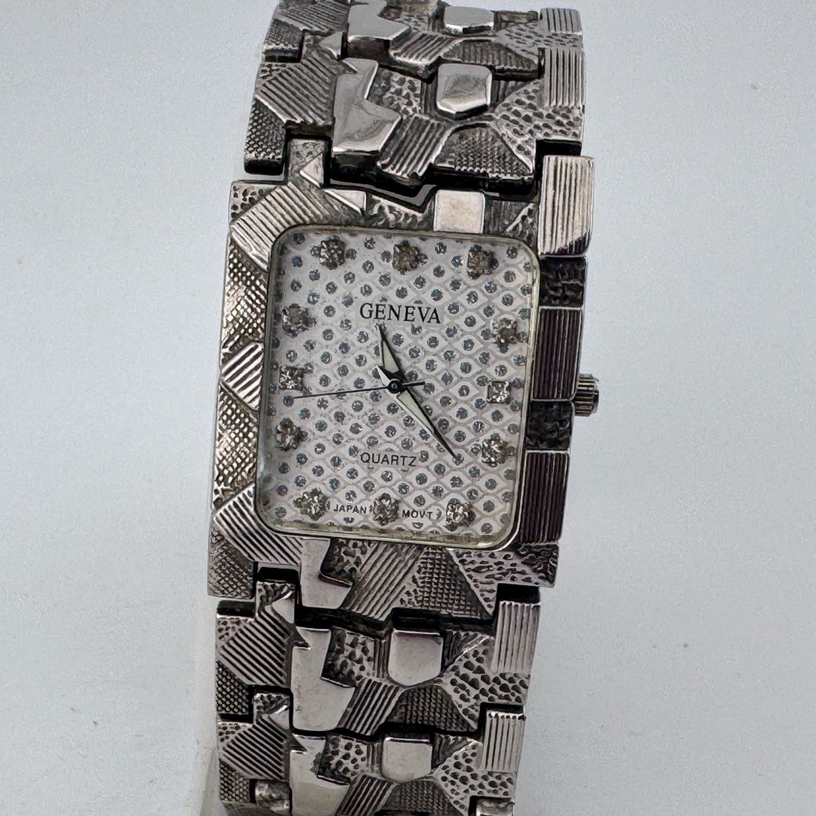 Vintage Geneva Quartz Watch Men Silver Nugget Rectangle Diamonds New Battery 8″