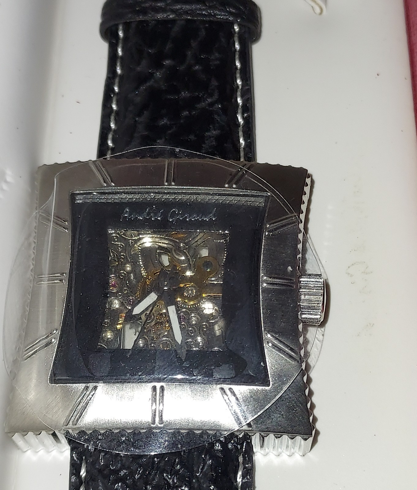 Andre Giroud Men’s Watch Self Winding Shark Leather Black Automatic Skeloton NOS