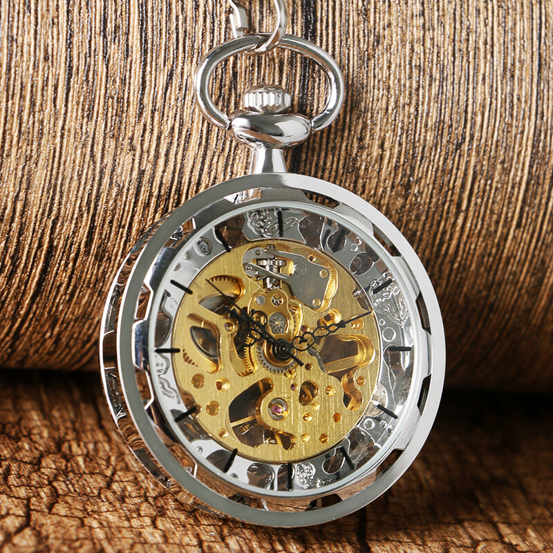 Mens Skeleton Pocket Watch Mechanical Silver Wind Up Fob Watch with Chain Luxury