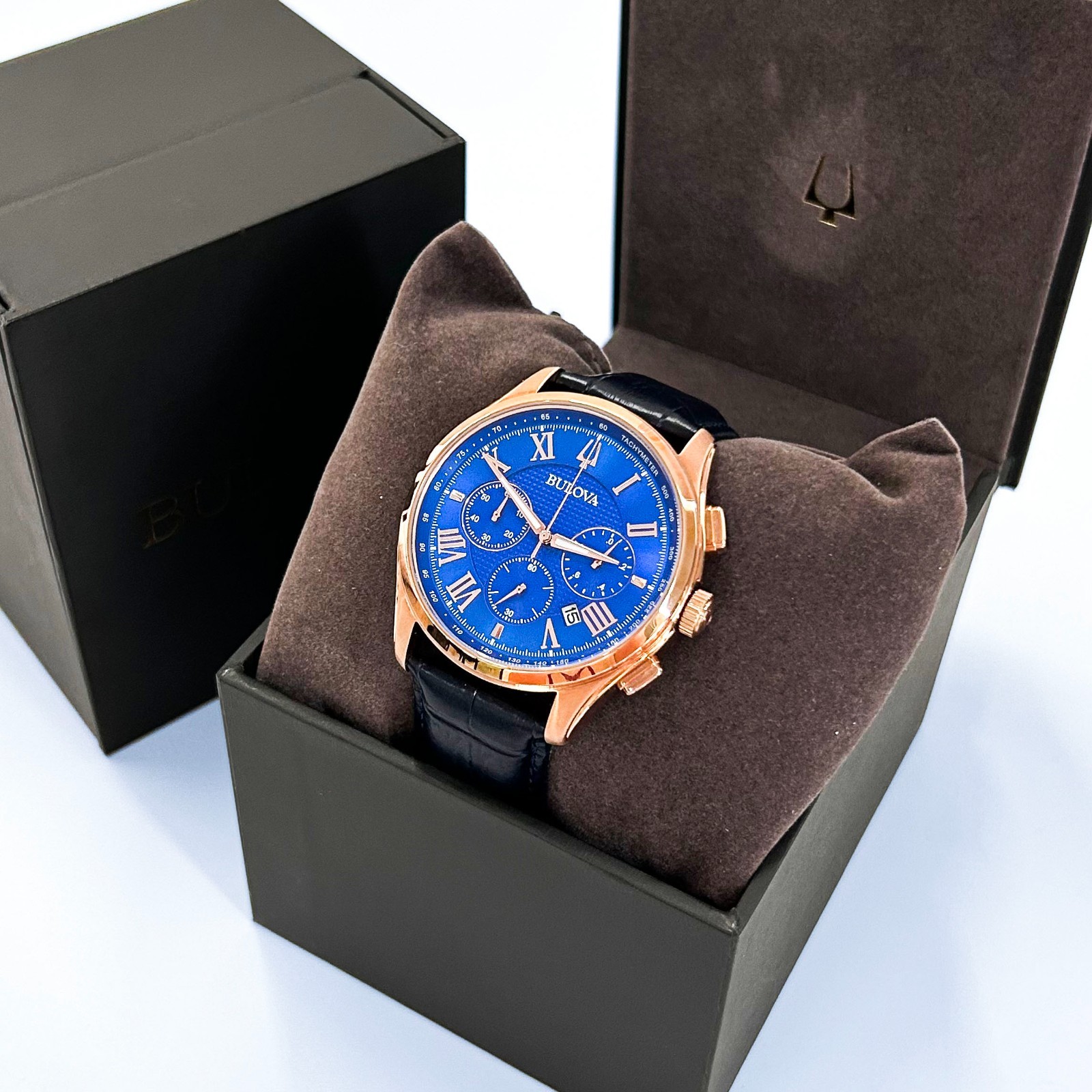 Bulova Men’s Classic Wilton 97B170 Blue Dial Leather Strap Quartz Watch 46mm