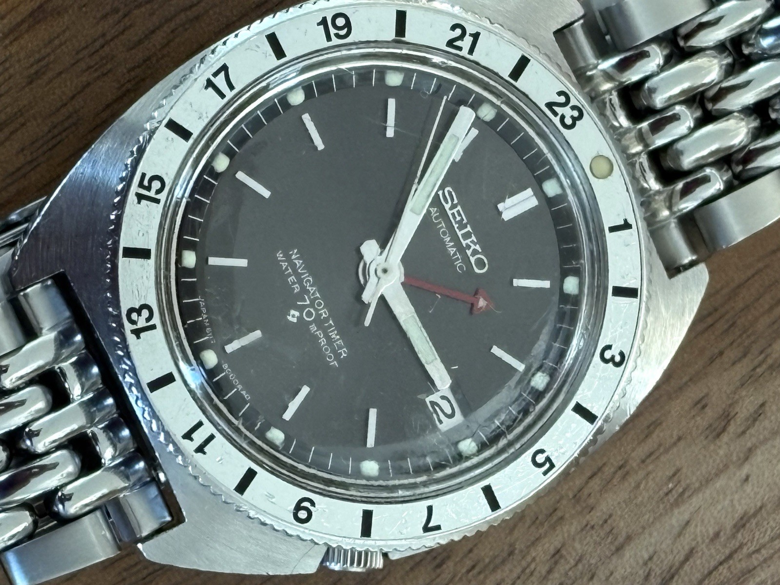 Vintage Seiko 6117-8000 Navigator Timer GMT Automatic 1970 Black Dial Watch Runs