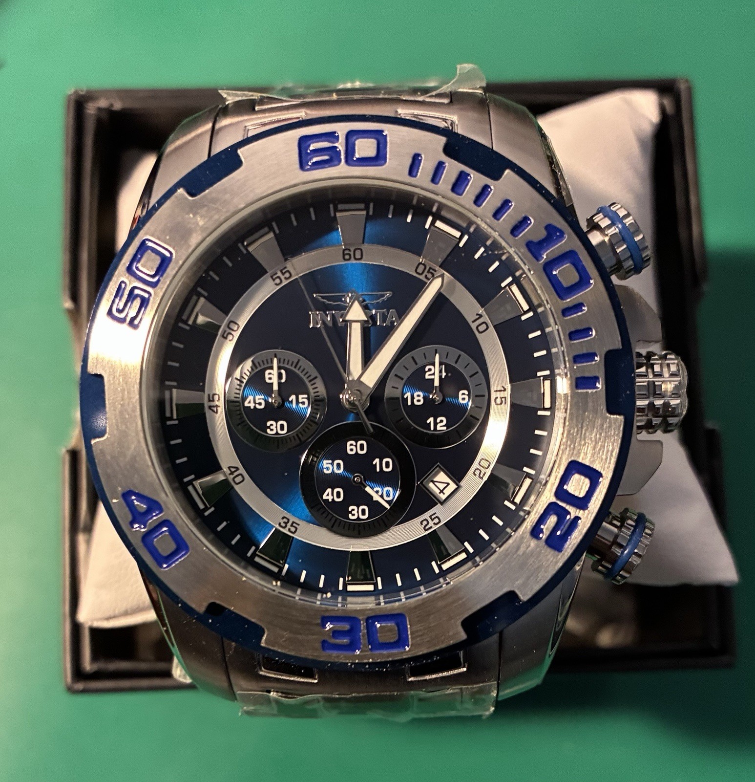 Invicta Pro Diver SCUBA Men’s Quartz Chronograph Watch 50mm Blue Dial 100m Date