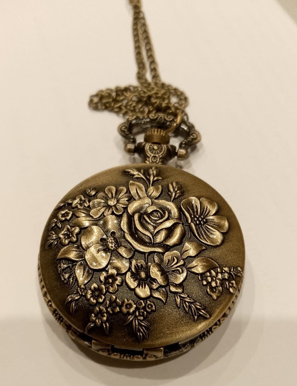 Used Bronze Floral Pocket Watch Necklace Retro Quartz Pendant 48cm Chain