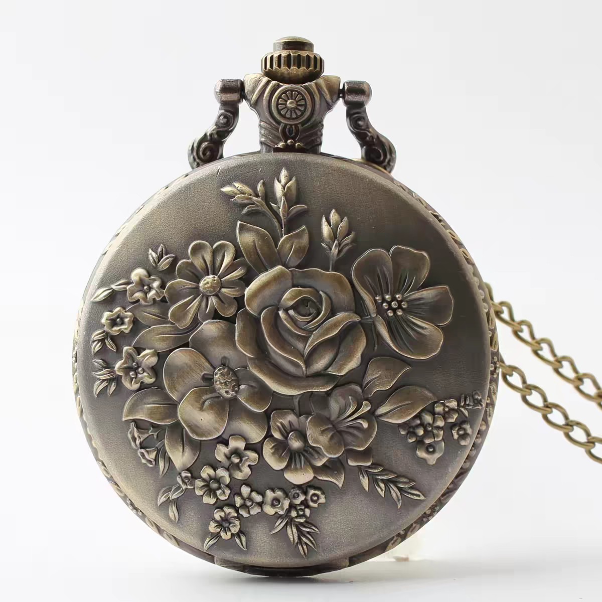Vintage Quartz Pocket Watch Bronze Embossed Floral Flip-Open Leather Chain