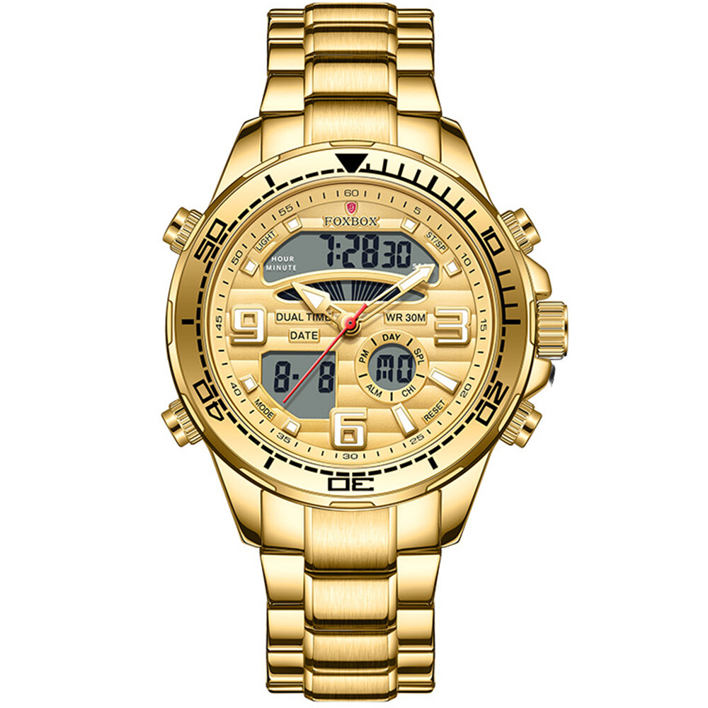 LIGE FOXBOX Digital Men Gold Watches Male Steel Wristwatch Big Dial Quartz Watch