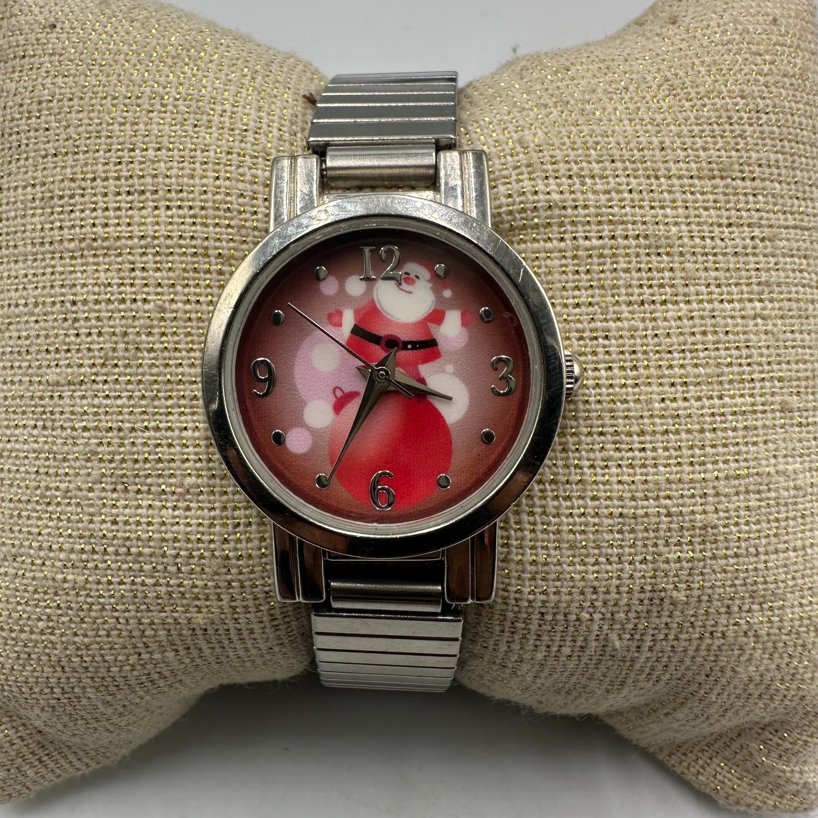 Santa Claus Watch Women Silver Tone Red Dial Stretch Band New Battery 6 Inch