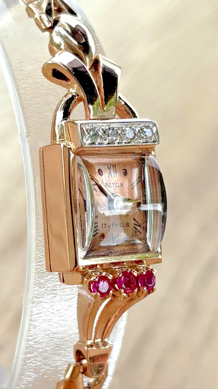 Vintage Alton Solid 14K Rose Gold Diamons Rubies Petite Cocktail Lady’s Watch