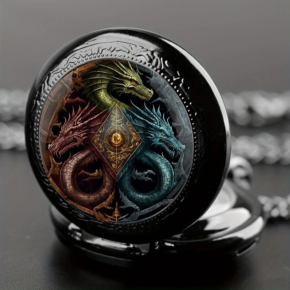 Retro Double Dragon Pattern Golden Silvery Quartz Pocket Watch Classic Style