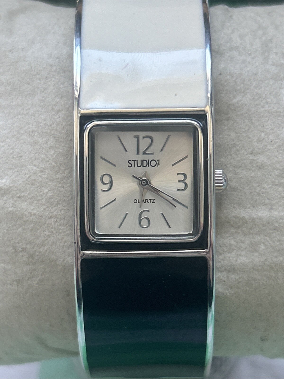 Studio Time Silver Tone Black, White And Grey Womens Cuff Watch