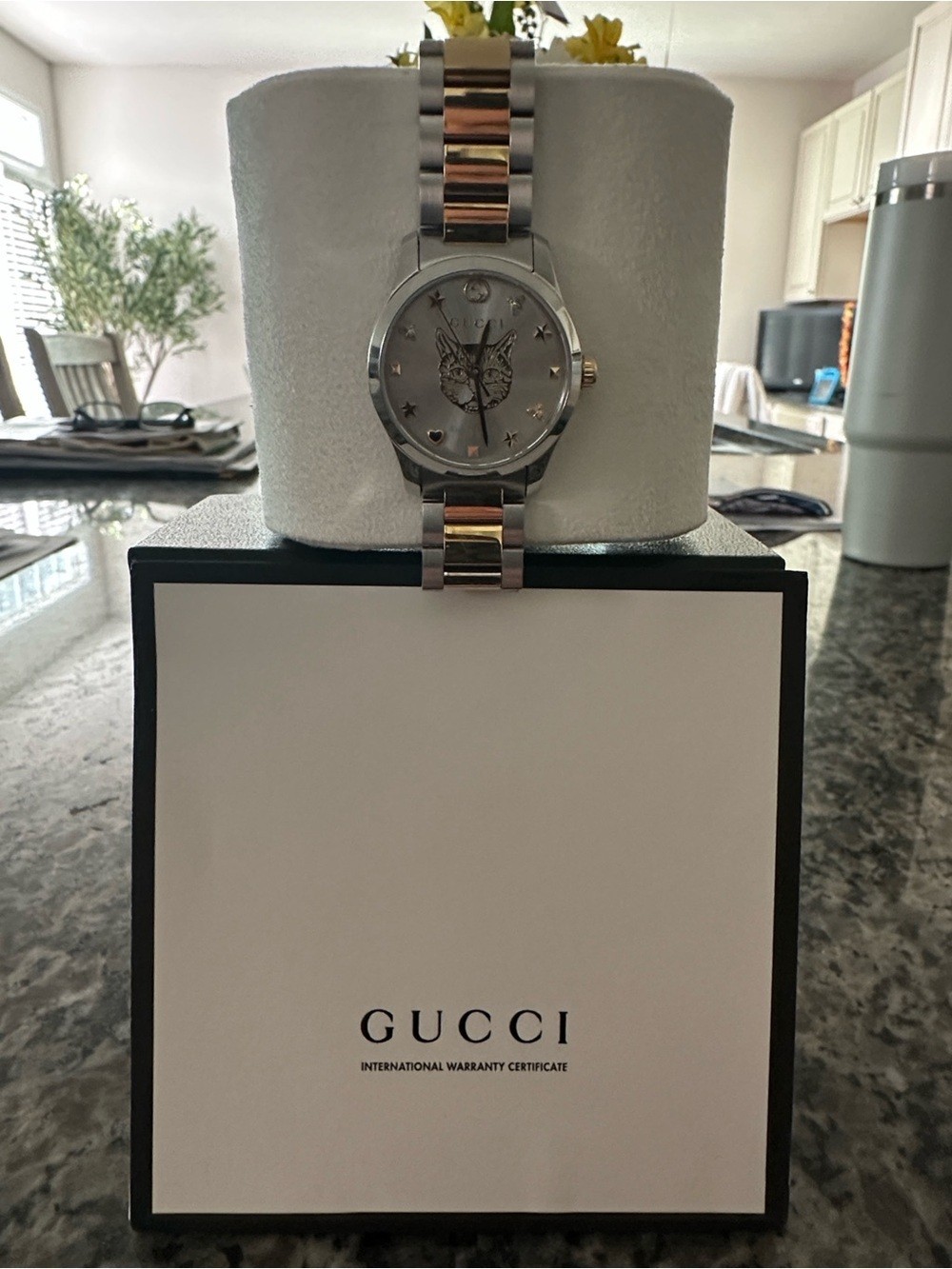 Gucci Silver and Rose Gold Cat Dial Watch