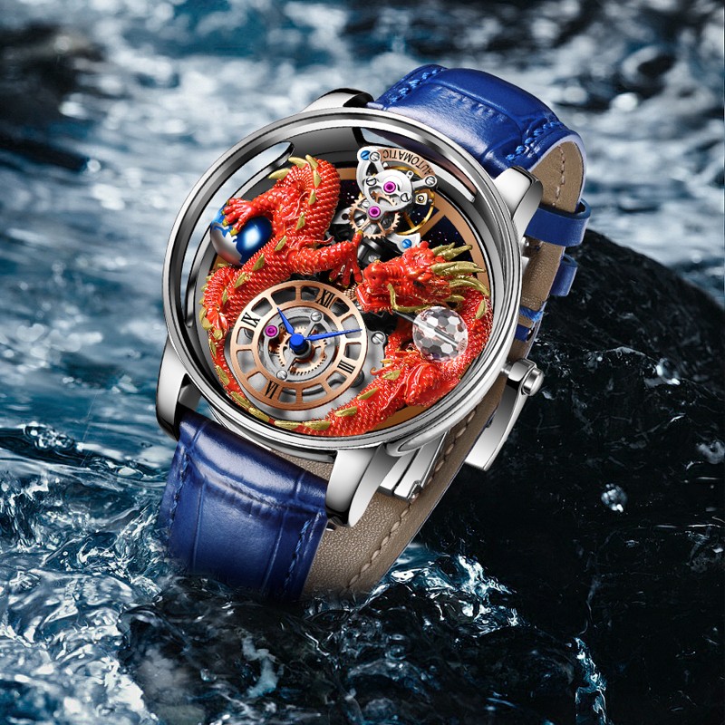 PINDU Men’s 3D Dragon Quartz Watch – Leather Strap, Waterproof