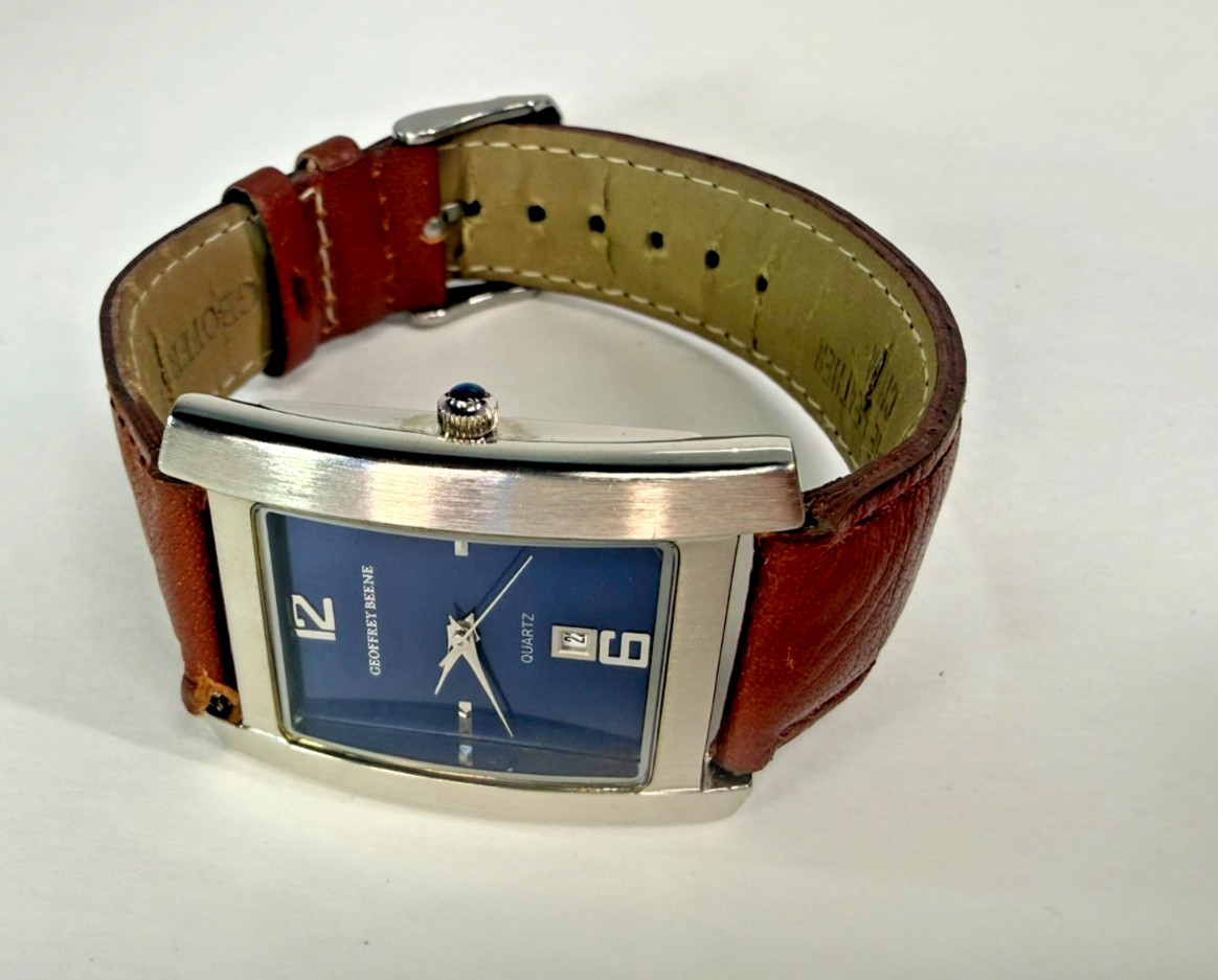 Geoffrey Beene GBM165 Wide Rectangular Navy Blue Dial Date Brown Leather Watch