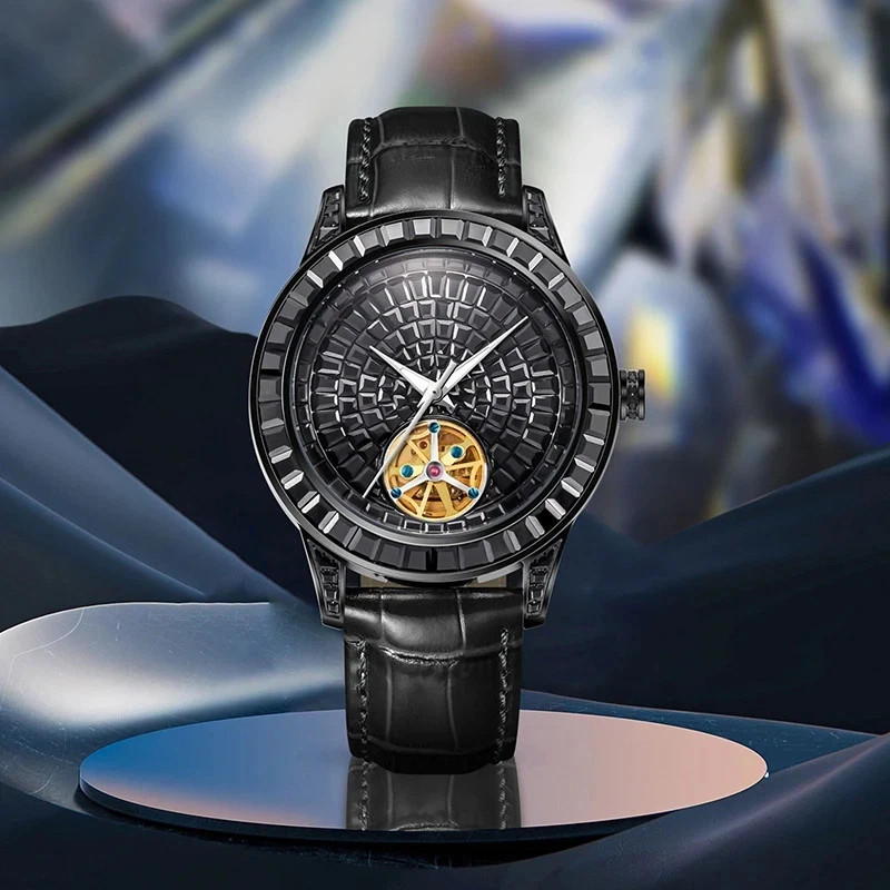 ?USA?PINDU Men’s Automatic Watch Mineral Glass Luminous Black Leather P5037
