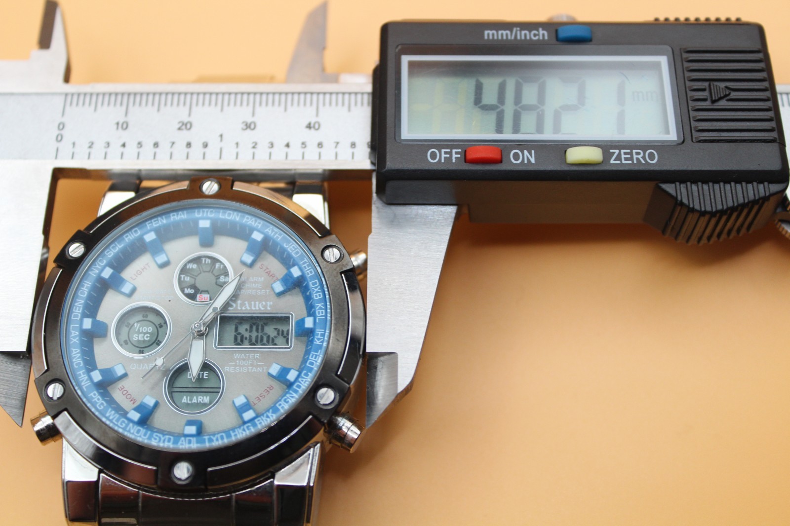 Stauer 33207 Quartz Blue Sunburst Analog Digital 48mm Chronograph 100FT WR