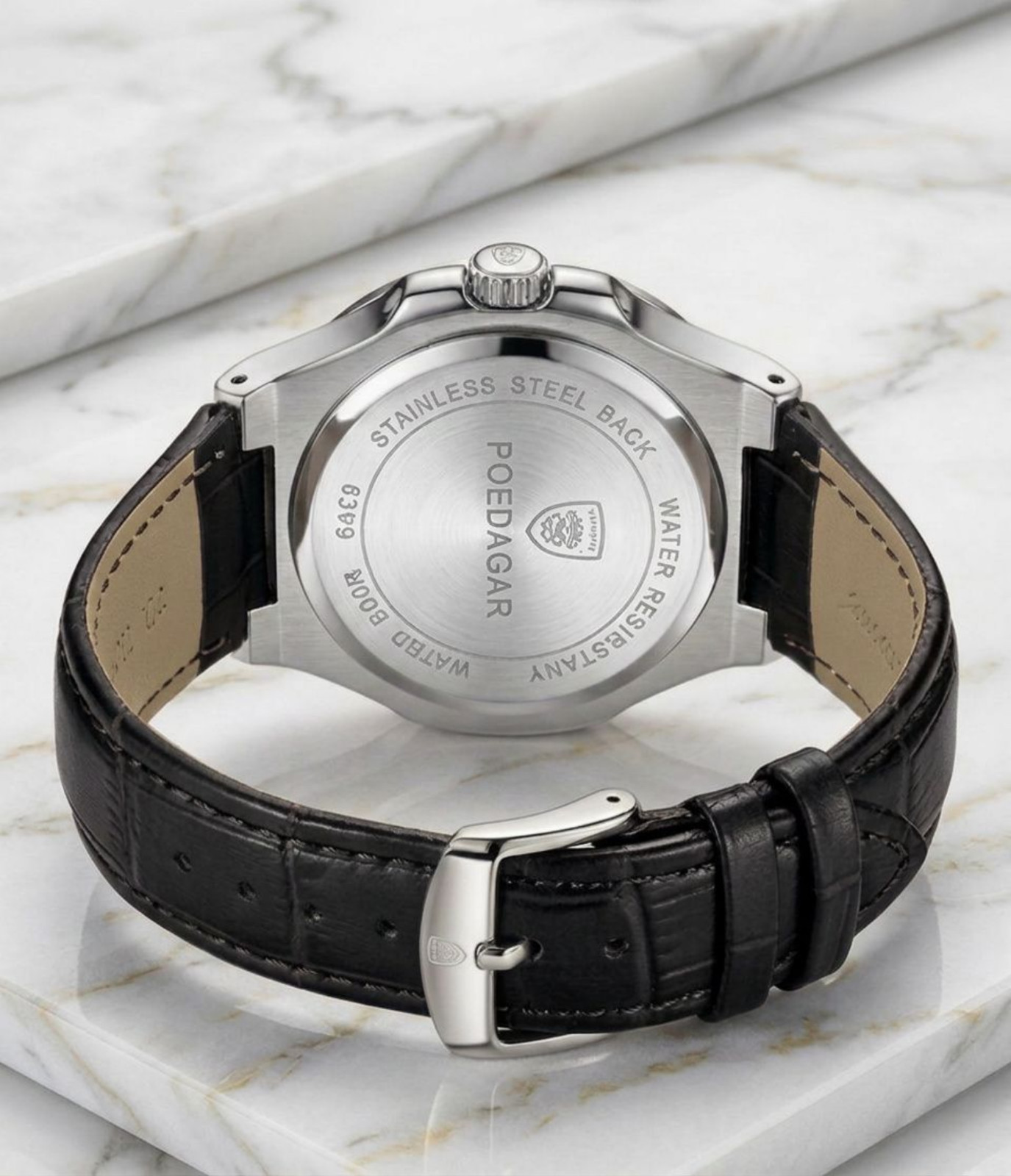 Luxury Men’s Quartz Silver Dial Watch Date Luminous Black Leather Strap Poedagar