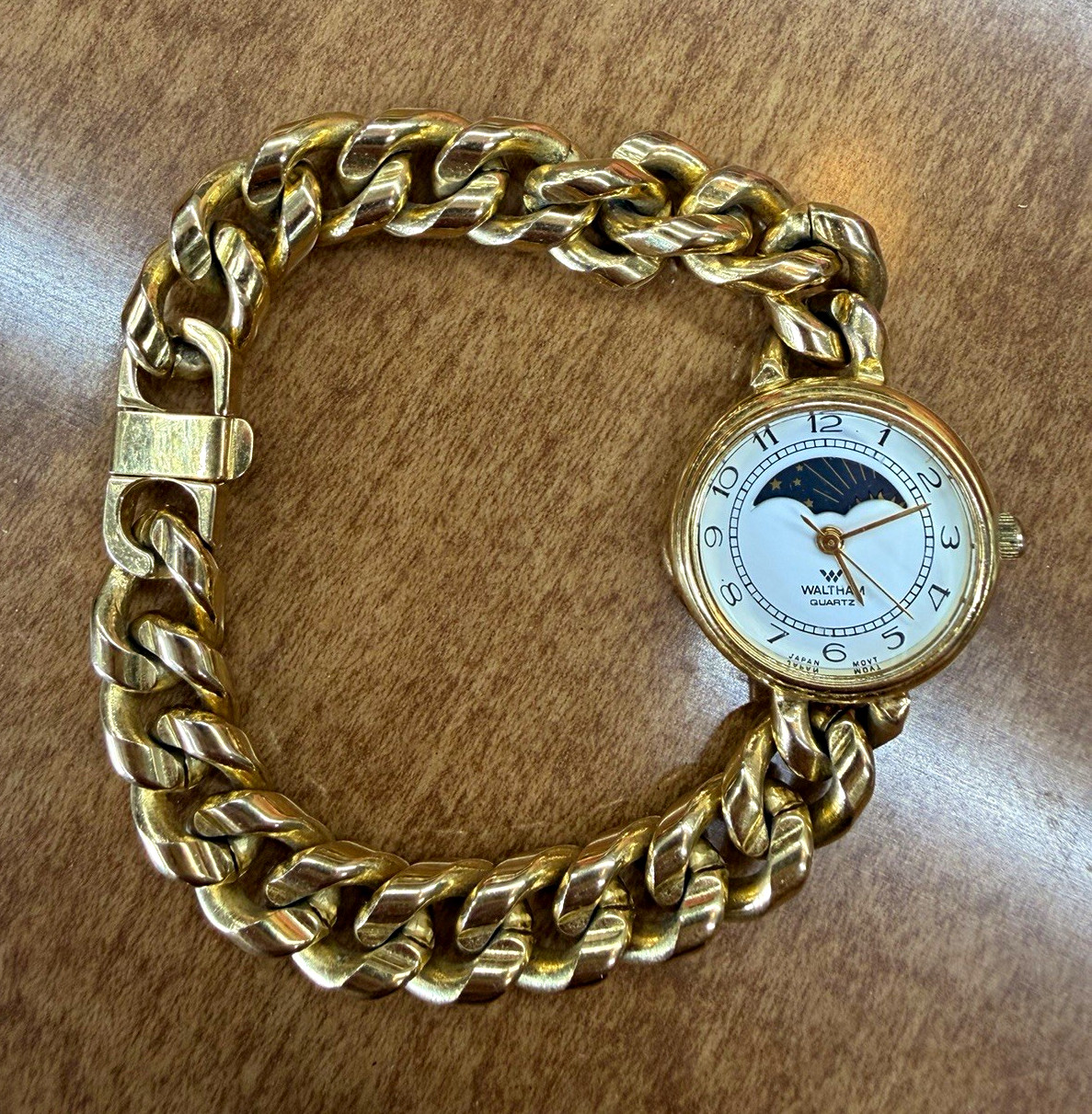 Waltham Quartz Women’s Moon Phase Gold Tone Bracelet Watch White/Blue Dial